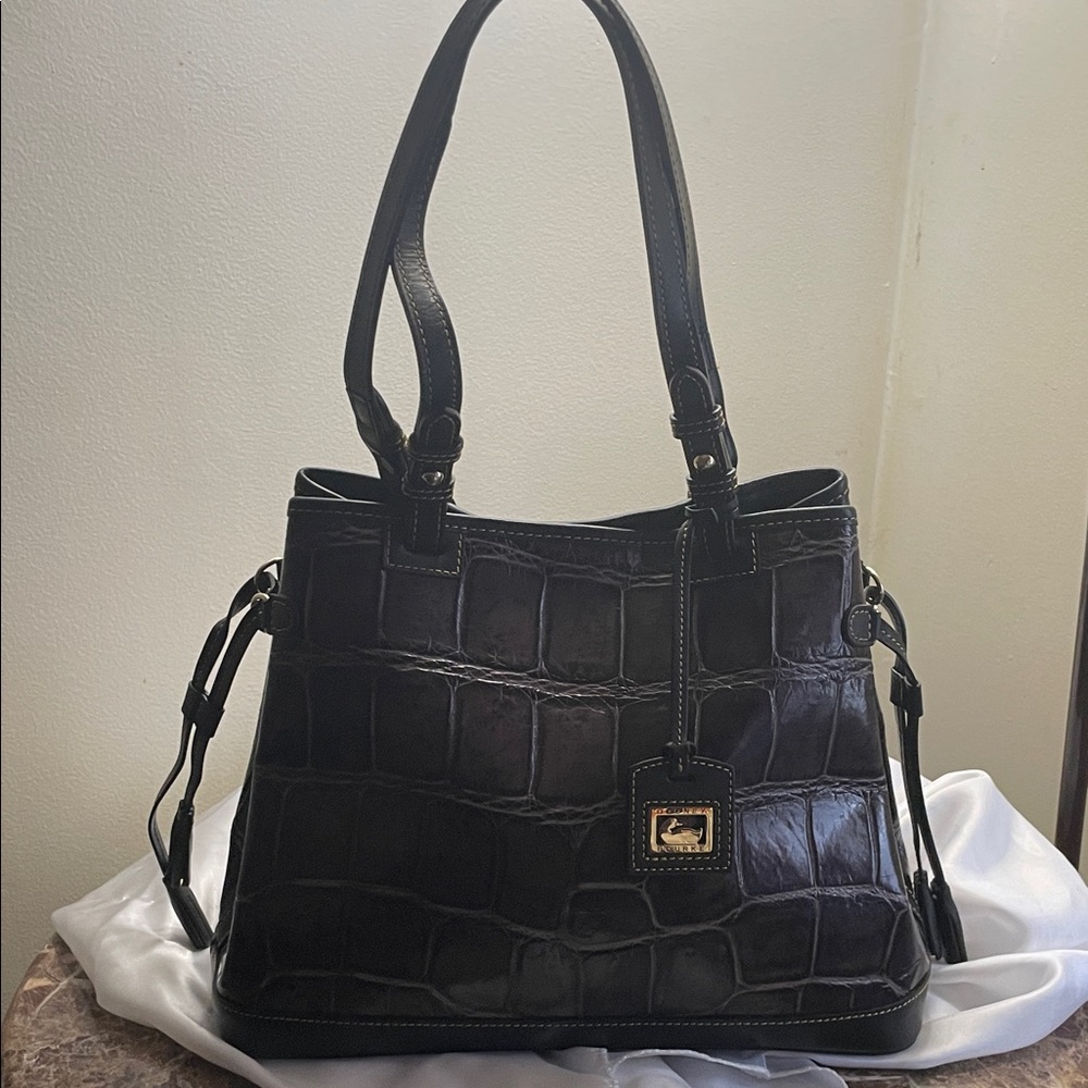 Dooney Bourke Janie Elegant Dark Brown Crocodile-Embossed Tote Bag 11.5”L x 8”H